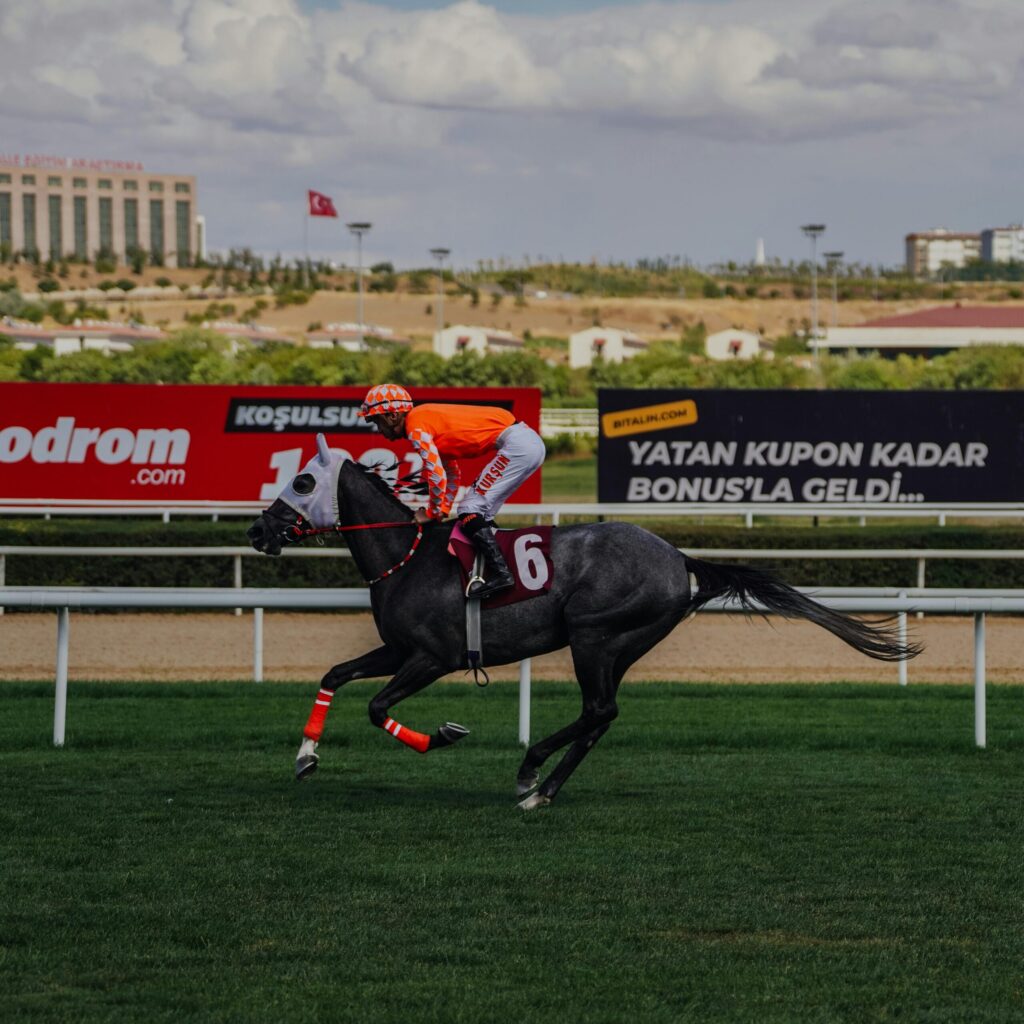 Exciting horse race with jockey in orange on a racecourse. Fast-paced and energetic scene.